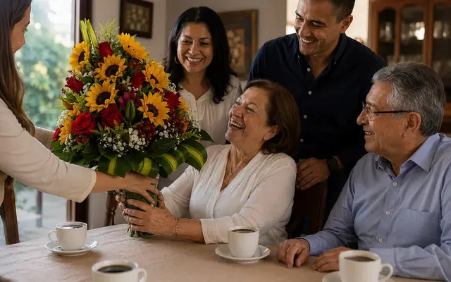 Familia colombiana de varias generaciones reunida alrededor de la mesa celebrando una fecha especial en casa