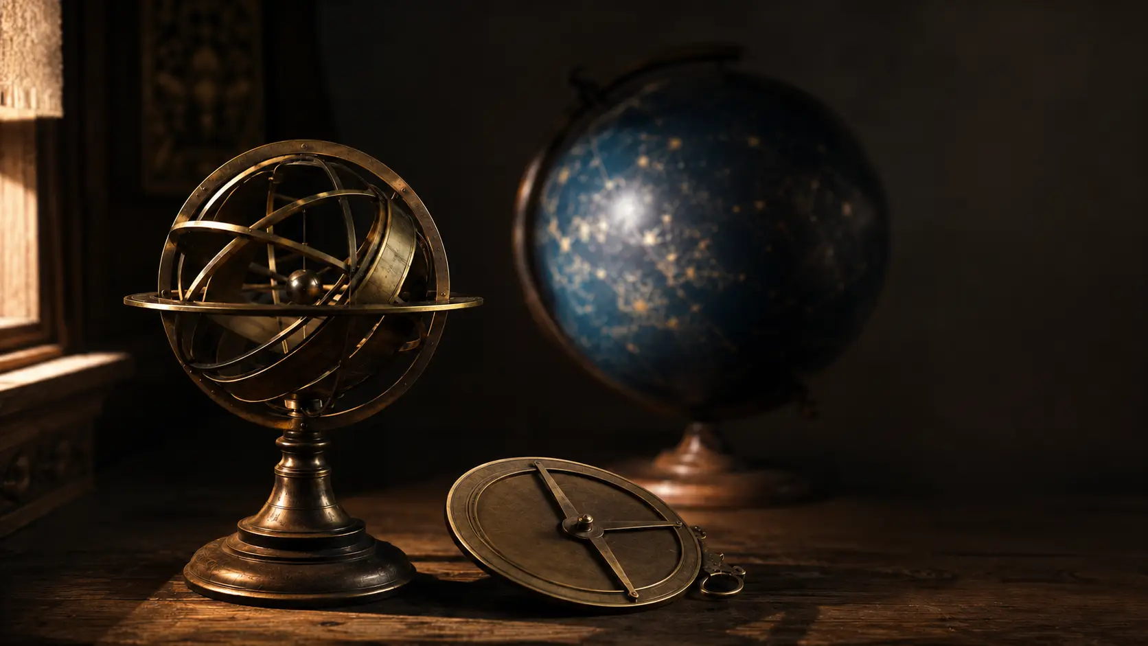 Esfera armilar y astrolabio antiguos de latón sobre una mesa de madera, con un globo celeste al fondo